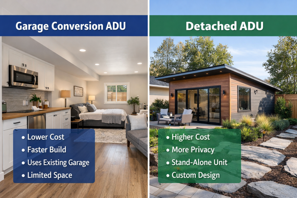 Garage Conversion vs Detached ADU – Cost, Timeline, and Long-Term Value