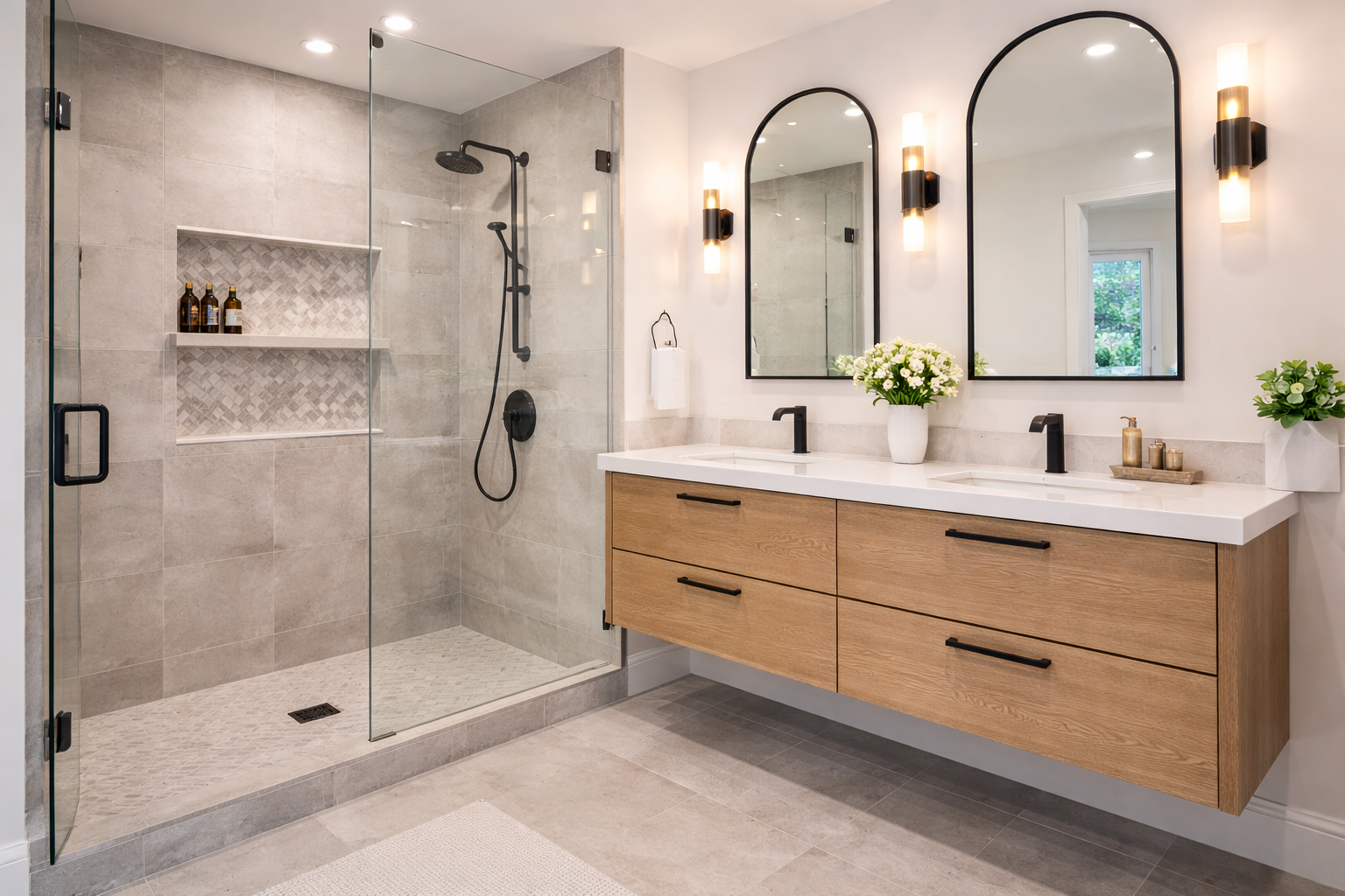 Modern bathroom with sleek, natural elements