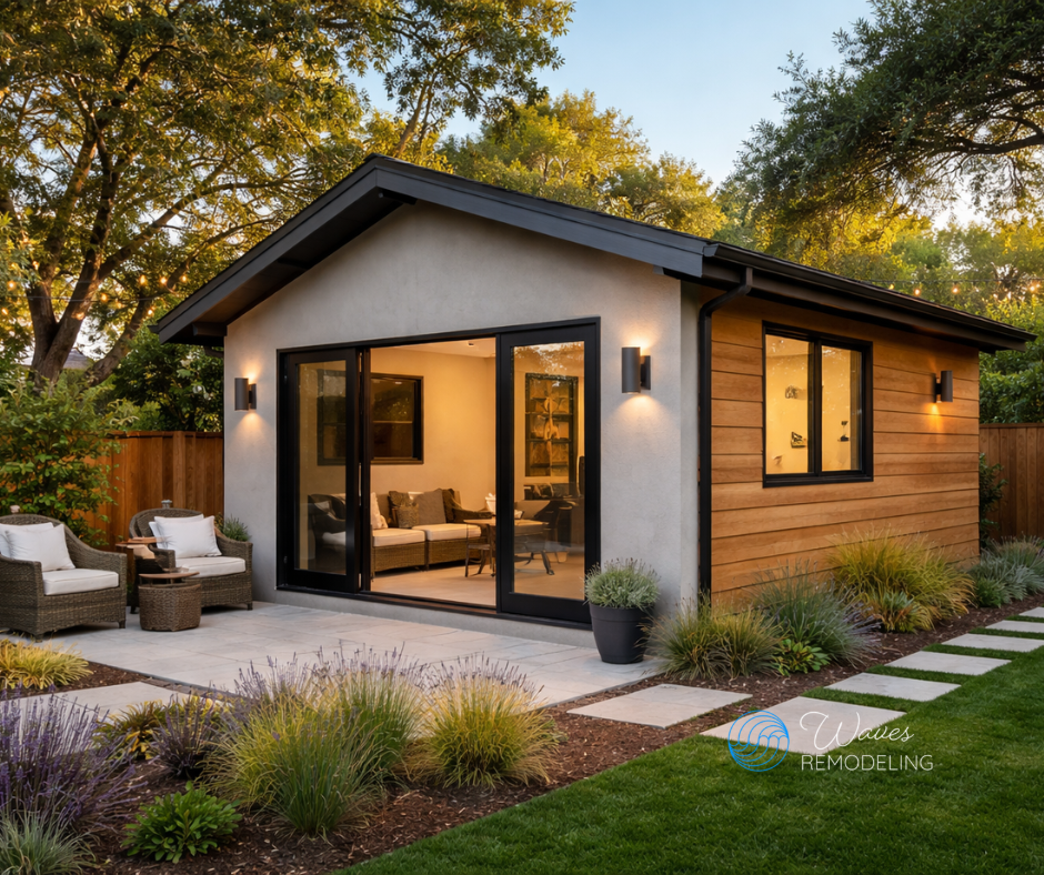 Detached ADU in a Bay Area backyard featuring sliding glass doors, stucco and wood siding