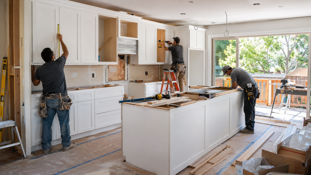 Professional kitchen remodeling with custom cabinet installation and a large island, improving functionality, home value, and kitchen remodeling ROI