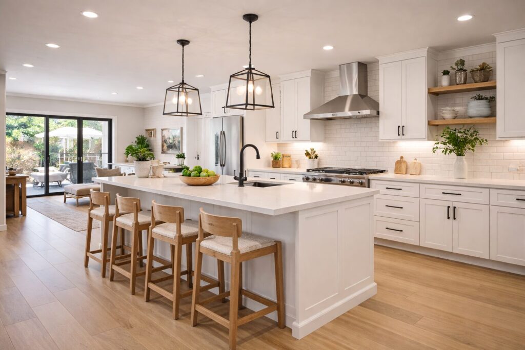 White shaker cabinet kitchen remodel with black pendant lights, matte black faucet, stainless steel range hood, and open wood shelving