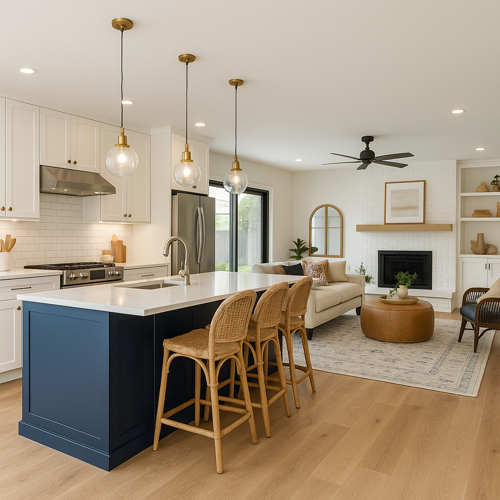 Modern kitchen remodel featuring navy blue island, white shaker cabinets, brass pendant lighting, and open-concept living room with fireplace