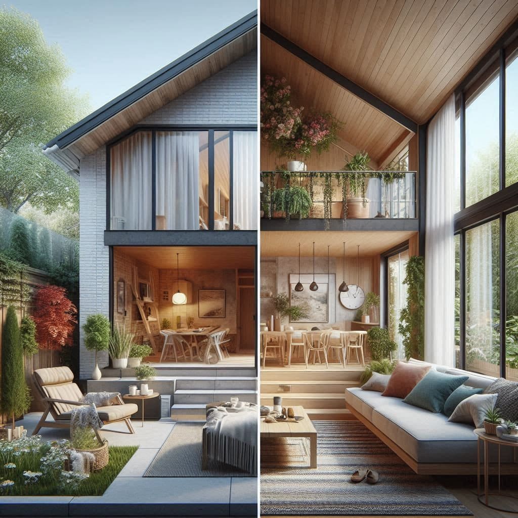 Home room addition exterior and interior view showing vaulted wood-paneled ceiling, floor-to-ceiling windows, loft area, and connected backyard patio