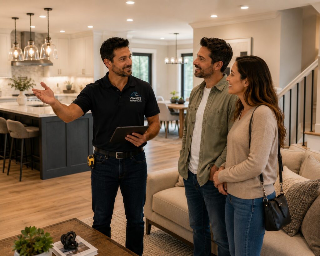 Bay Area homeowners meeting with a remodeling contractor to discuss a home renovation project.