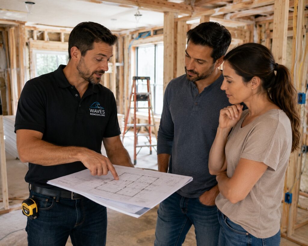 Project manager discussing remodeling progress with homeowners during construction.