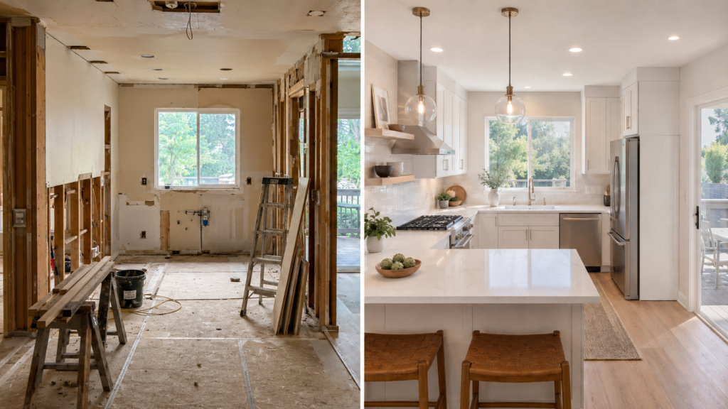 Before and after kitchen remodeling showing a complete renovation with a modern layout, custom cabinetry, and upgraded finishes that increase home value