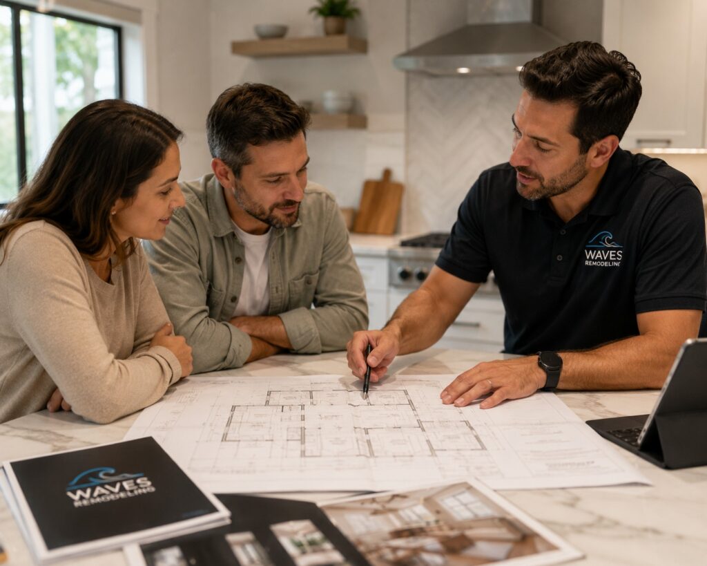 Remodeling contractor reviewing a completed kitchen renovation with homeowners.