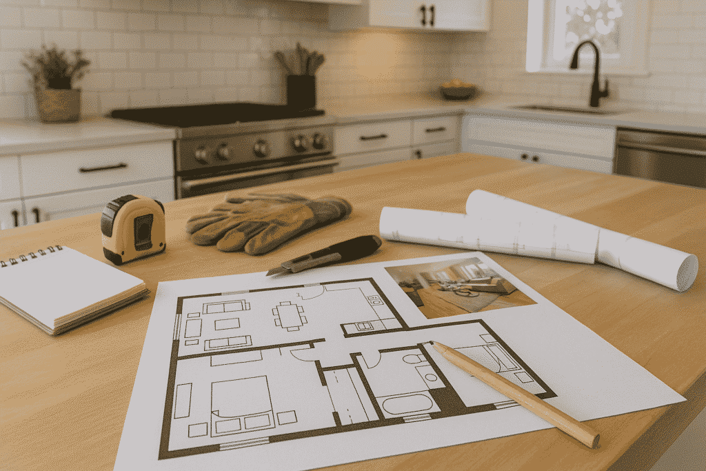 General contractor planning a home remodeling project with floor plans and construction drawings